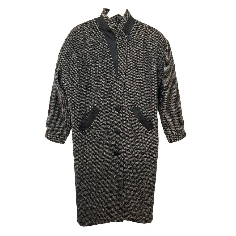 Vtg 80s DONNYBROOK Black White Tweed Long Coat w/Leather Accents Women Sz 12